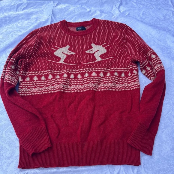 J. Crew Men's Small Red 100% Lambs Wool Ski Graphic Sweater - Picture 1 of 5
